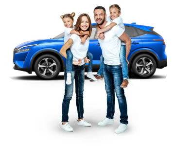 A family standing in front of a car.