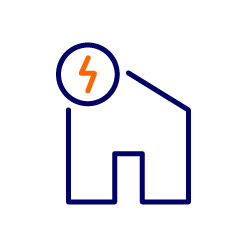 Cartoon outline of a house with a lightning symbol