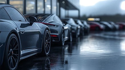 Row of luxury sports cars, including Porsche models, parked outside a modern dealership on a rainy day with wet reflective pavement