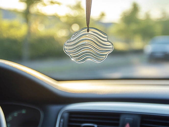 Car air freshener hanging from the rearview mirror