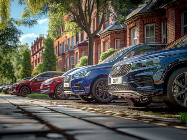 Row of modern SUVs and hatchbacks parked along a tree-lined street with traditional red brick houses in the background