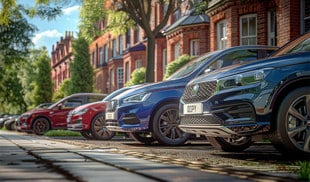 Row of modern SUVs and hatchbacks parked along a tree-lined street with traditional red brick houses in the background