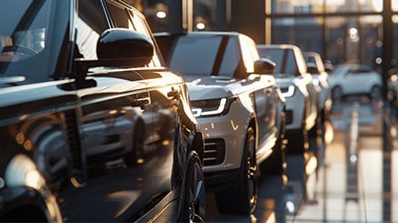 Close-up of Land Rover and Porsche cars displayed in a brightly lit showroom with reflections on glossy surfaces