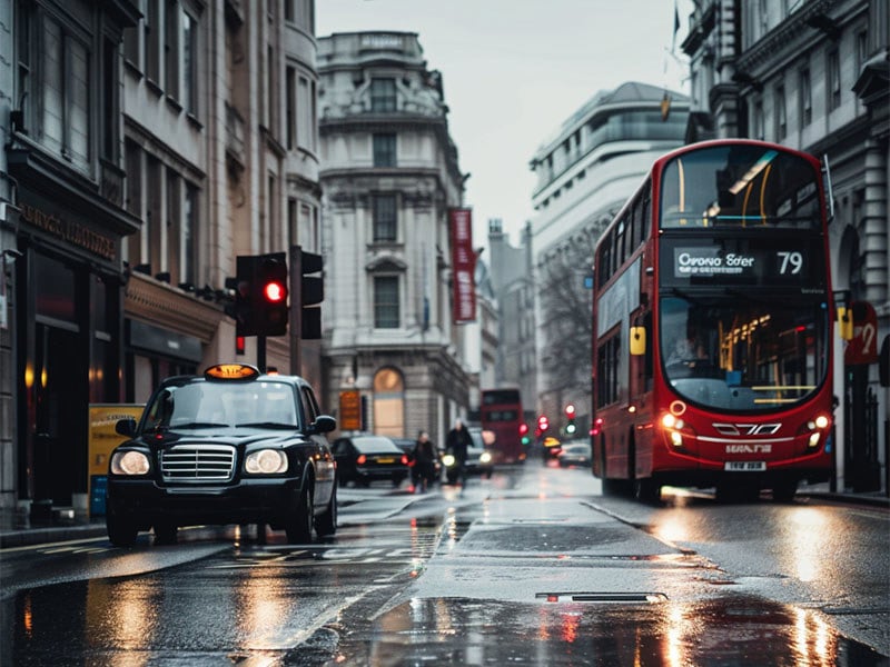 Iconic London street scene featuring a red double-decker bus and a black taxi cab on a wet road