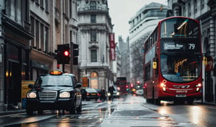 Iconic London street scene featuring a red double-decker bus and a black taxi cab on a wet road