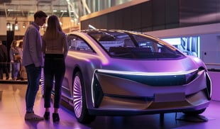 Young couple inspecting a futuristic electric concept car at a UK auto show