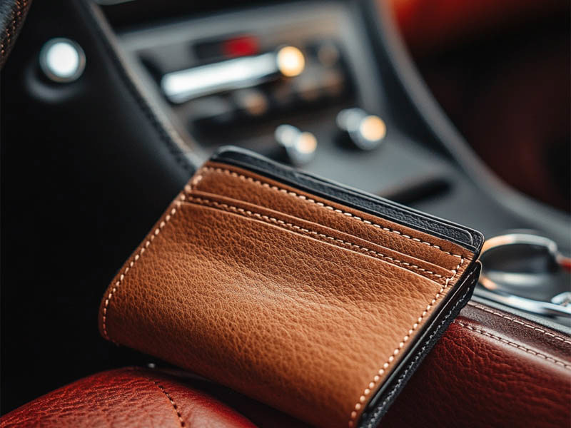 Brown wallet placed on a car seat next to the central display