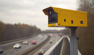 Yellow speed camera looking over a road