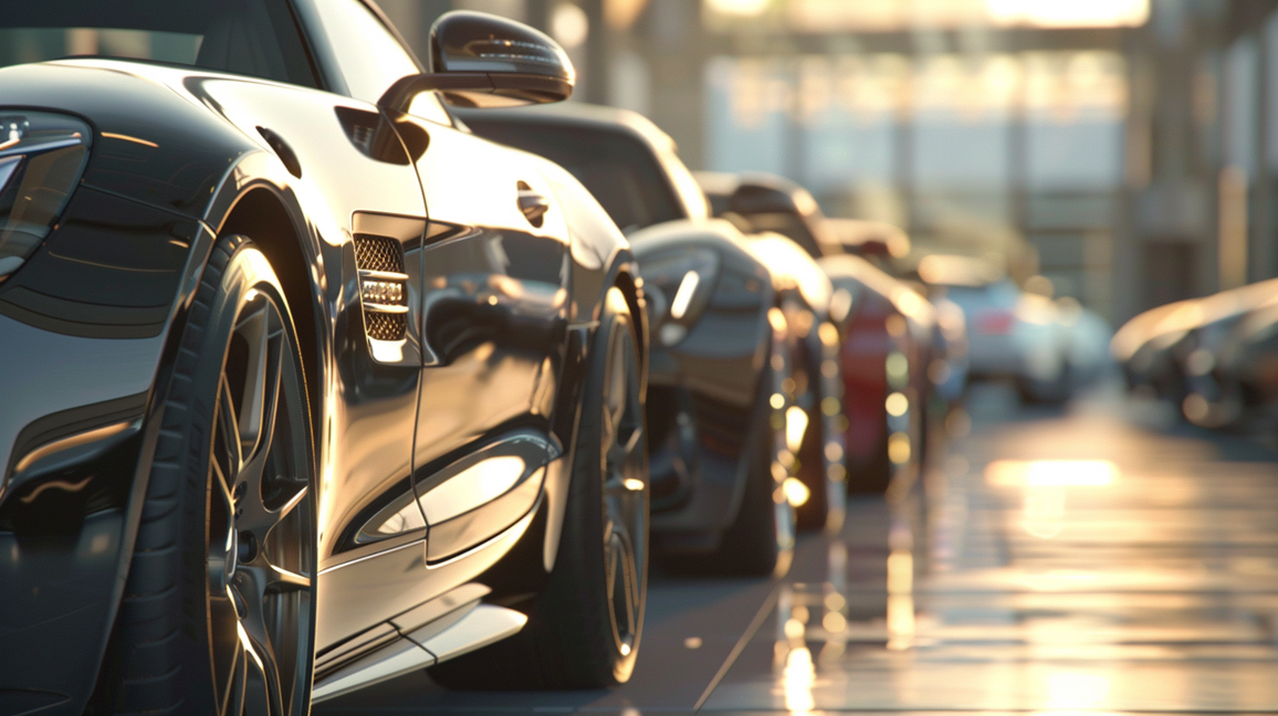 A close-up shot of luxury cars parked at a state-of-the-art car dealership