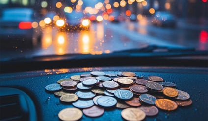 coins on a car dashboard with car headlights ahead