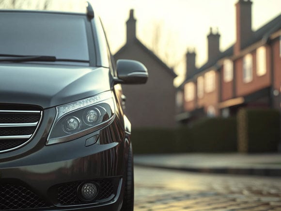 Mercedes-Benz family car in black with suburban houses in the background