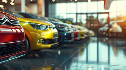 Close-up of Citroen and Vauxhall cars displayed in a brightly lit showroom, featuring vibrant red and yellow models