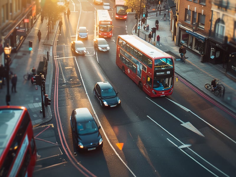 Busy London street at sunset with red double-decker buses, taxis, and cars moving through traffic