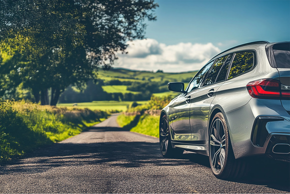 Rear view of a modern BMW estate car parked on a countryside road with rolling green hills and blue skies in the background