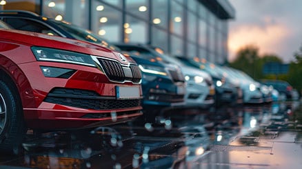 Row of Skoda cars, including a red SUV, parked outside a modern dealership at sunset with reflections on wet pavement