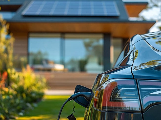 Black electric car charging with solar panels on a house in the background