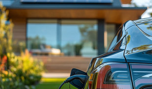 Black electric car charging with solar panels on a house in the background