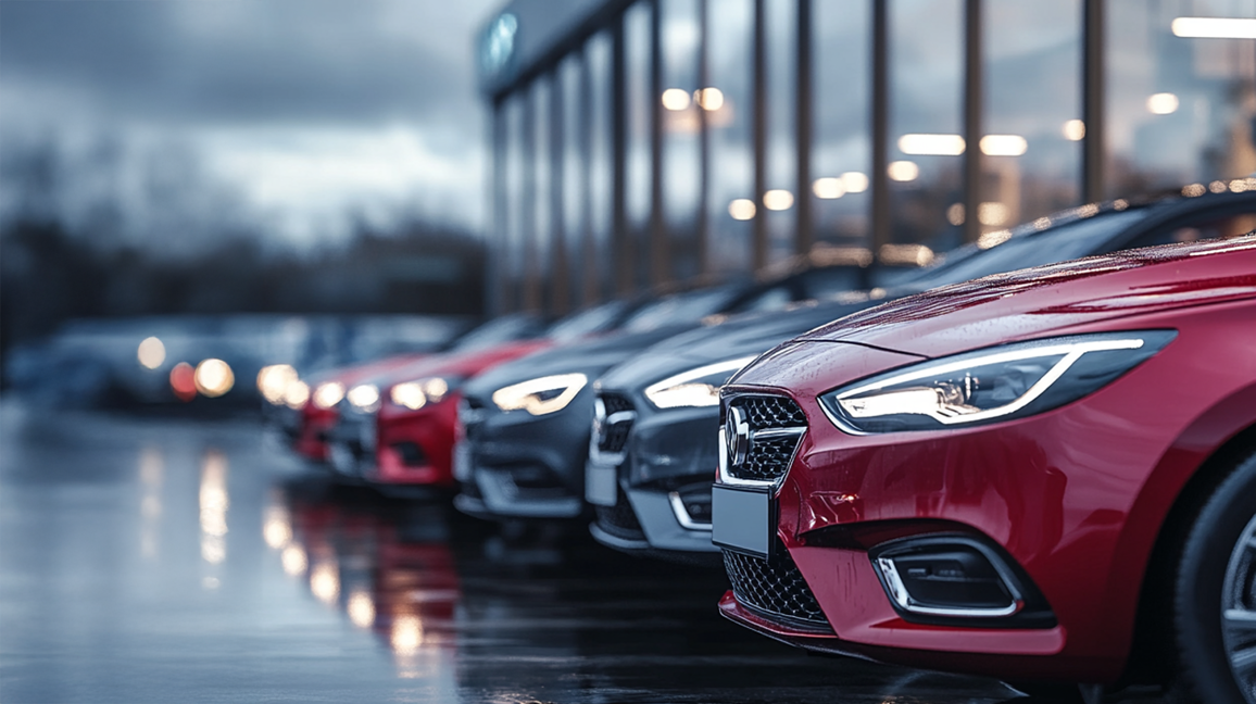 A photorealistic image of cars in a row, featuring MG or Vauxhall models, parked at a UK-style dealership.