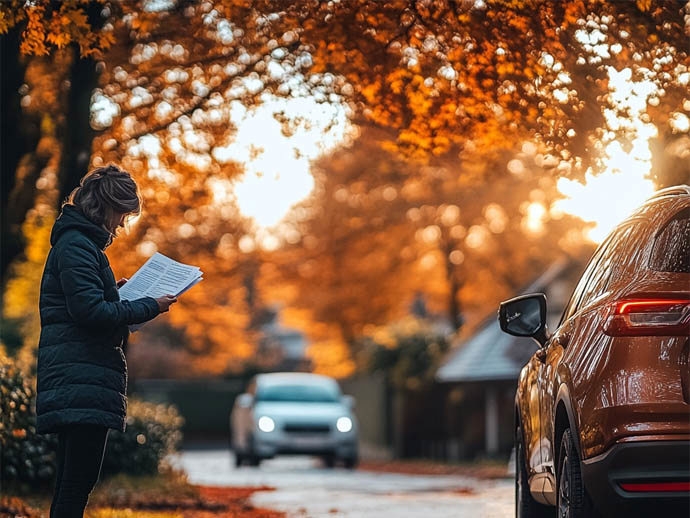 Woman inspecting documents while stood next to her car