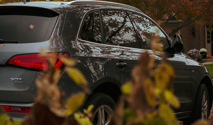 Close up of grey SUV hidden behind hedge.