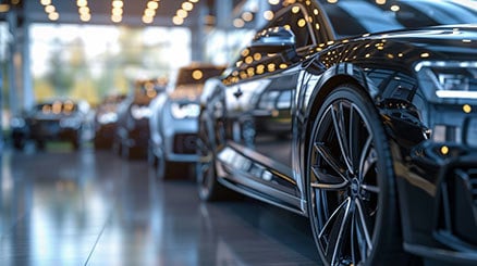 Close-up of luxury Audi and Bentley cars parked inside a brightly lit showroom with reflective flooring