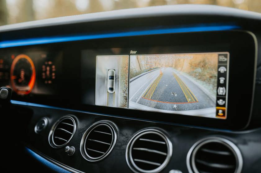 A reverse camera display on a car infotainment system