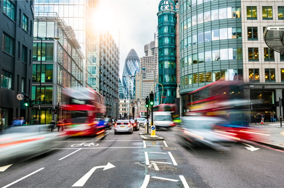 Busy street in London with buses