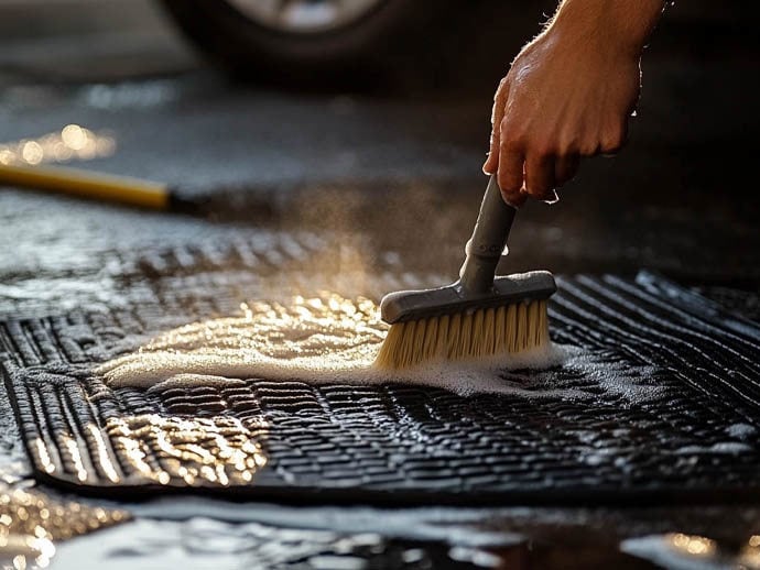 Person cleaning a car mat with a brush and soapy water