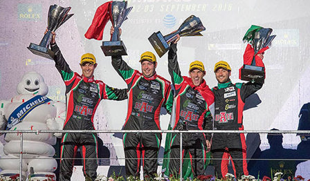 Image of four racing drivers: Toni Calderon, Ricardo Gonzalez, Filipe Albuquerque, and Bruno Senna, standing together.