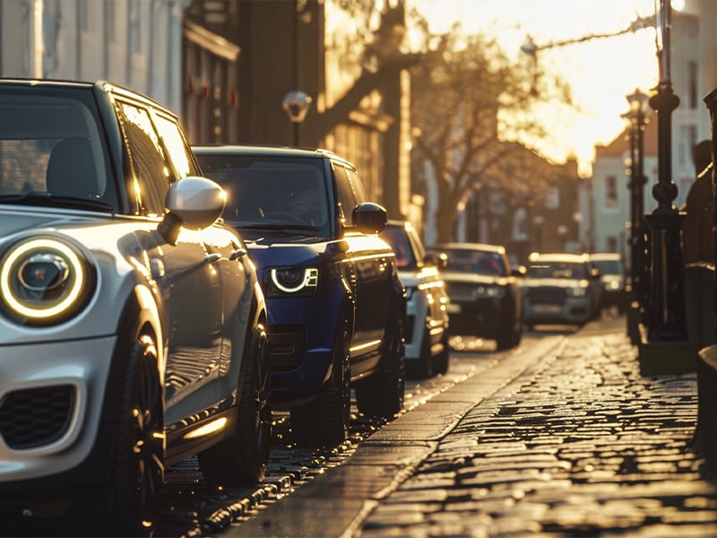 Close-up of a white car parked on a cobbled street in an urban setting, with a row of cars reflecting the golden glow of sunset