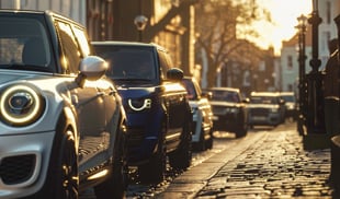 Close-up of a white car parked on a cobbled street in an urban setting, with a row of cars reflecting the golden glow of sunset