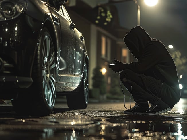 Dark street scene showing a hooded figure attempting to steal a car at night