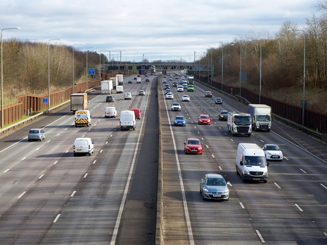 Cars driving on a four-lane motorway in the UK