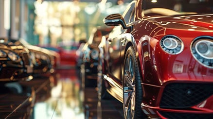 Close-up of luxury Bentley and Audi cars, including a red Bentley, displayed in a brightly lit showroom with glossy floors