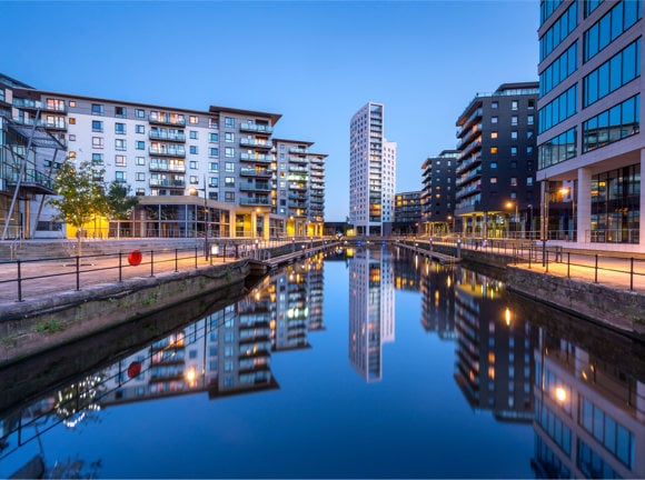 Wide angle view of modern architecture at Clarence Docks in the city of Leeds, England, UK.