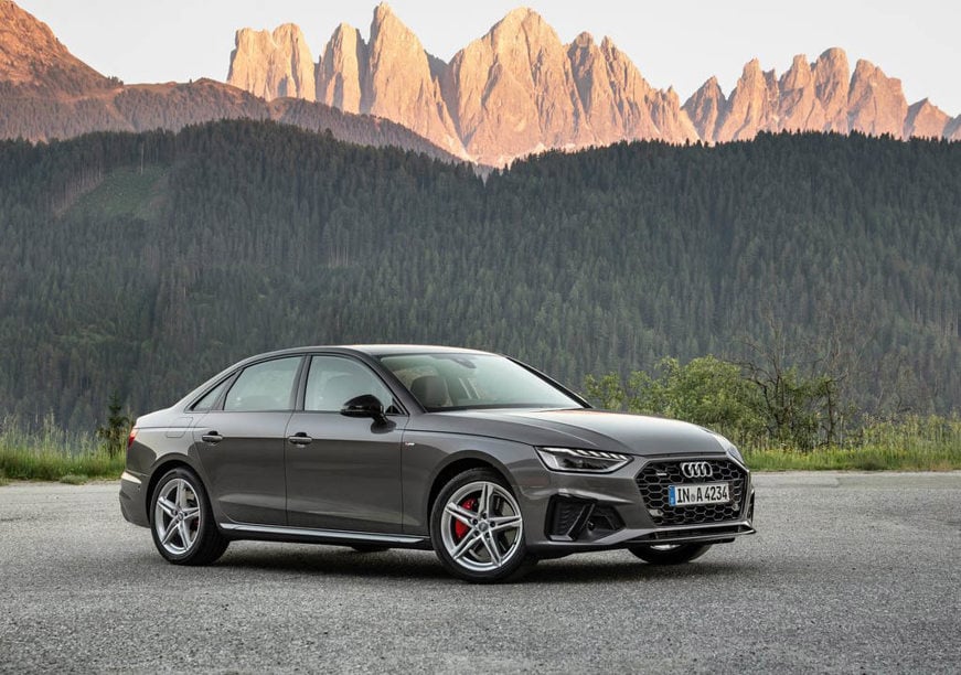 Audi A4 Saloon parked in front of mountain range