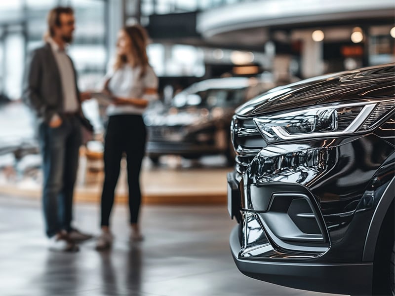 Close-up of a sleek black car in a modern dealership showroom, with two people in conversation in the blurred background