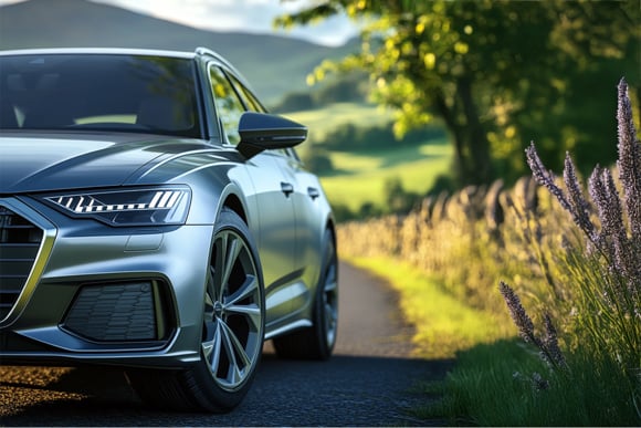 Close-up of a sleek silver estate car parked on a countryside road with green hills and stone walls in the background