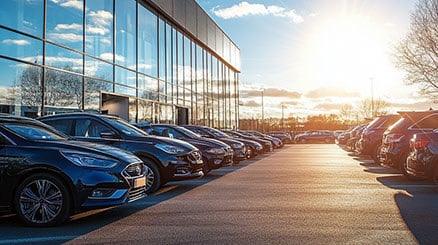 Row of Ford and Nissan cars parked outside a modern dealership with glass walls, illuminated by bright sunlight under a clear blue sky