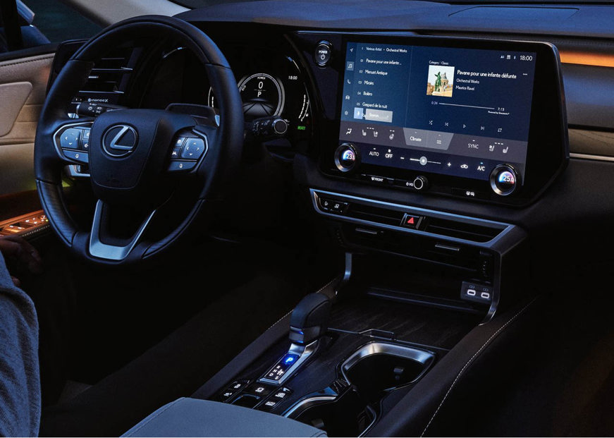 Lexus RX lease car steering wheel and touchscreen infotainment system