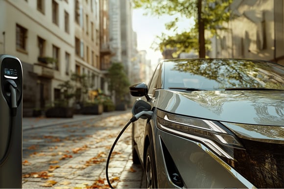 Electric Car Charging on a Leaf-Lined Street in a Modern Urban Neighbourhood