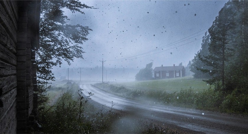 Rain storm with a house and road in the distance