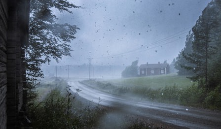 Rain storm with a house and road in the distance