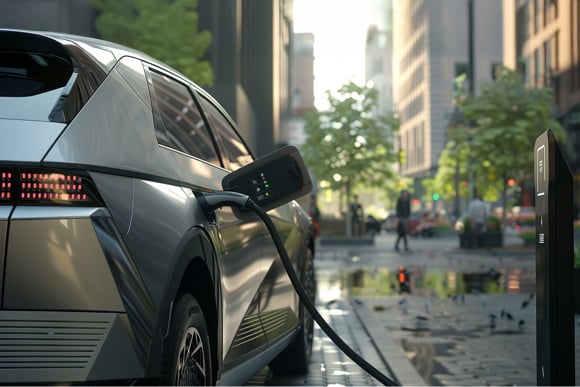 Electric car charging at a public charging station in an urban setting