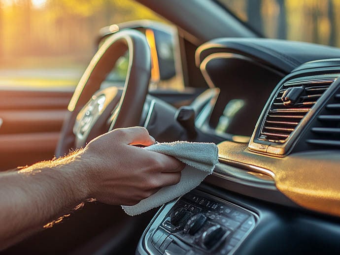 Person cleaning dashboard of a car with a cloth