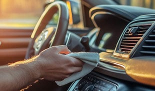 Person cleaning dashboard of a car with a cloth