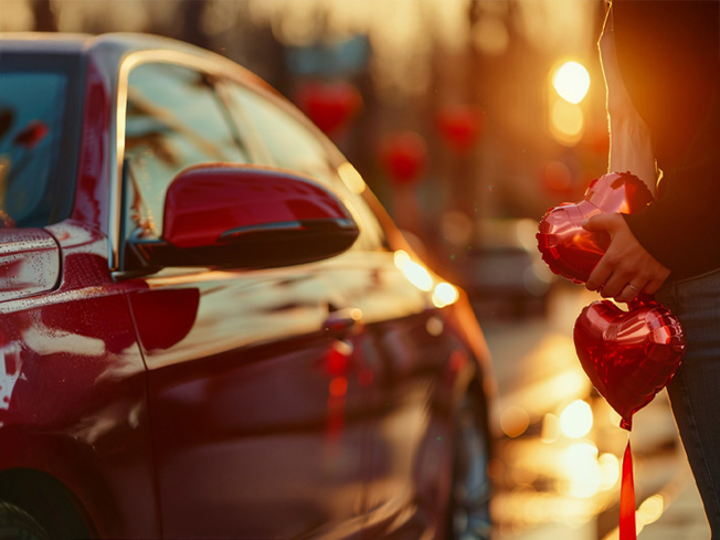 Romantic scene with a red car and a man with heart-shaped balloons, reflecting a Valentine's Day celebration at sunset