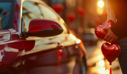 Romantic scene with a red car and a man with heart-shaped balloons, reflecting a Valentine's Day celebration at sunset