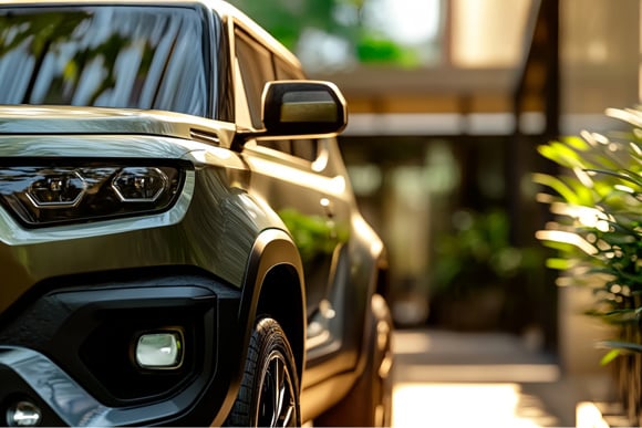 Close-Up of a Modern SUV with Stylish Headlights in a Sunny Driveway