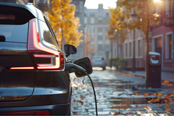 Electric Car Charging on a Sunny Autumn Day in an Urban Setting